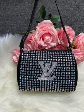Mini-Crystal-Embellished Black Studded Women's Crossbody Bag